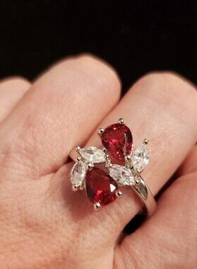 NEW Stamped Sterling Silver, Sz 9, Lg Teardrop Cut Rubies (Created) & White Gem